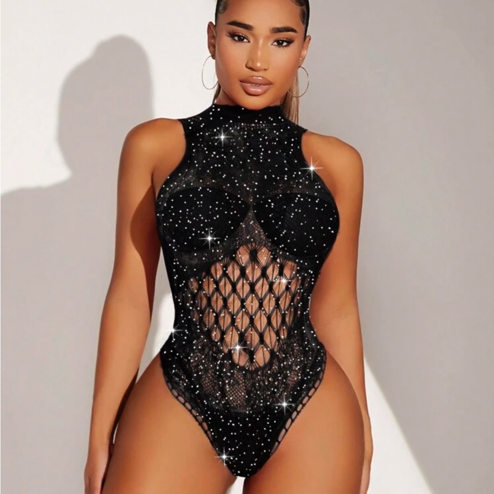 Sparkling Rhinestone Mock Neck Teddy Bodysuit NEW 🏷️ - Picture 2 of 4